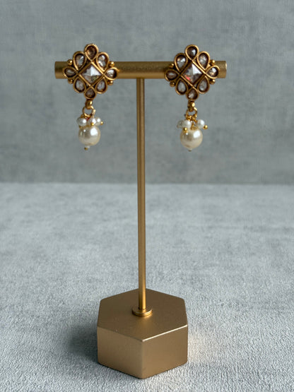 Ayura Designs Hima Set – Necklace, Earrings & Tikka with Mirror-Cut Stones, Pearl Drops & Polished Gold Finish