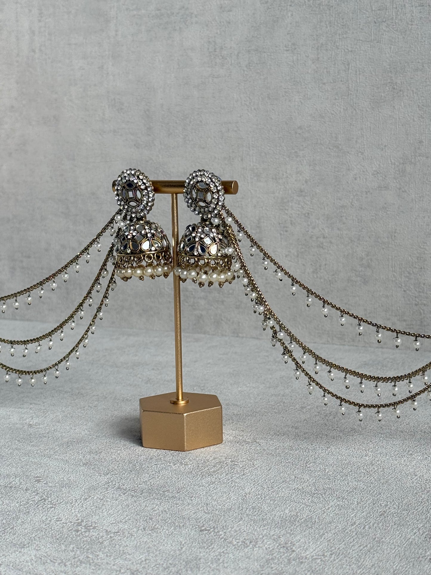Ayura Designs Aaina Jhumkis – Antique Gold Mirror & Crystal Earrings with Detachable Triple-Layer Pearl Sahare