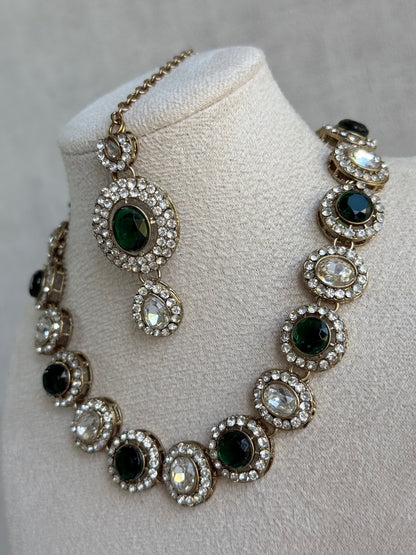 Ayura Designs Eira Necklace Set with Earrings & Tikka – Emerald Green & Crystal Stones with Antique Gold Finish