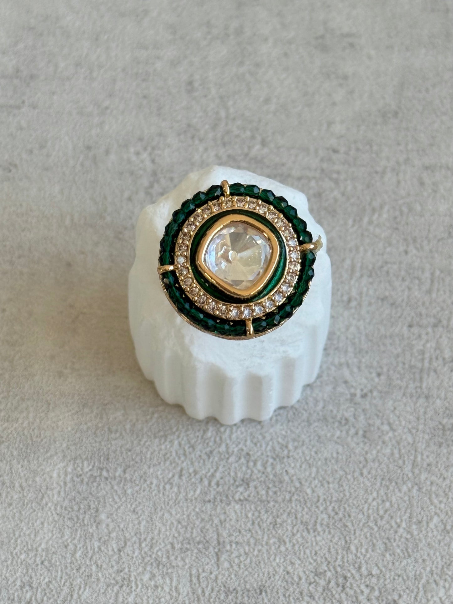 Ayura Designs Roselle Adjustable Ring – Moissanite Centre with Crystal Border & Emerald Green Beads