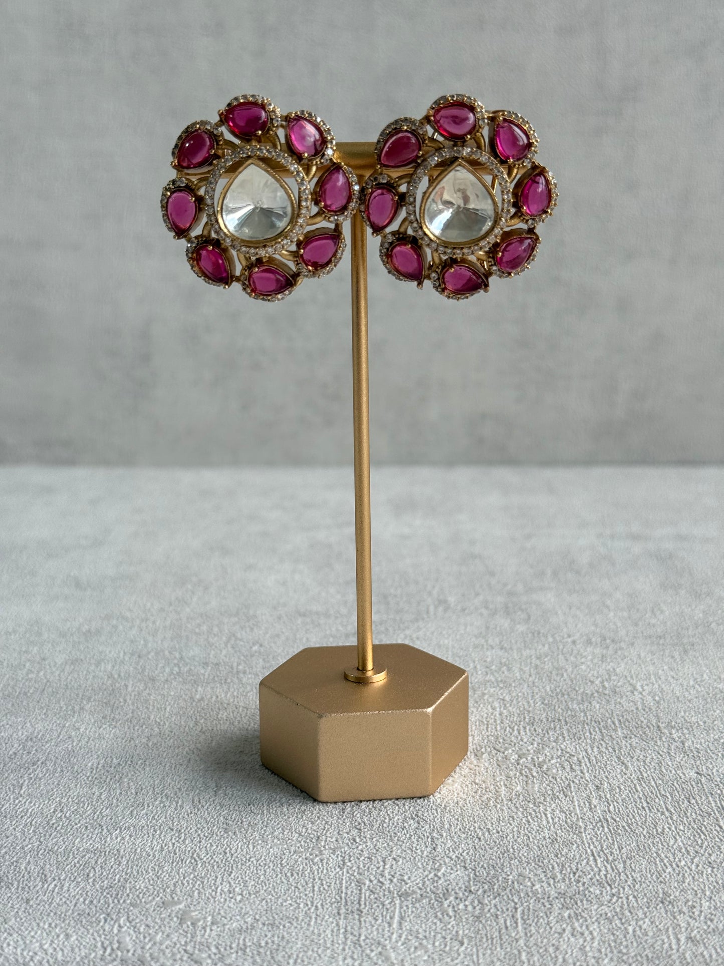 Ayura Designs Giana Stud Earrings – Rani Pink & Crystal Kundan with Gold Finish