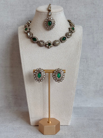 Ayura Designs Ivy Necklace Set with Studs & Tikka – Emerald Green Kundan Detailing