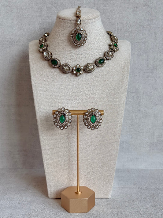 Ayura Designs Ivy Necklace Set with Studs & Tikka – Emerald Green Kundan Detailing
