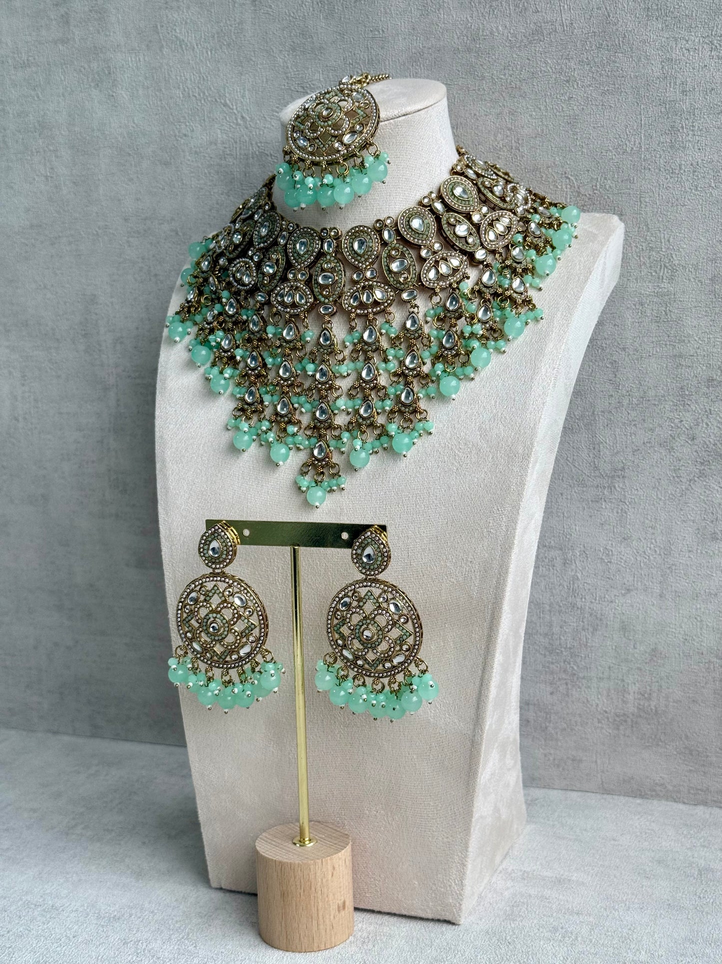 Ayura is Designs Tanya Bridal Set with Necklace, Earrings & Tikka – Pistachio Mint Beads, Mirror-Cut Stones and Antique Gold Finish