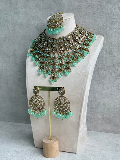 Ayura is Designs Tanya Bridal Set with Necklace, Earrings & Tikka – Pistachio Mint Beads, Mirror-Cut Stones and Antique Gold Finish