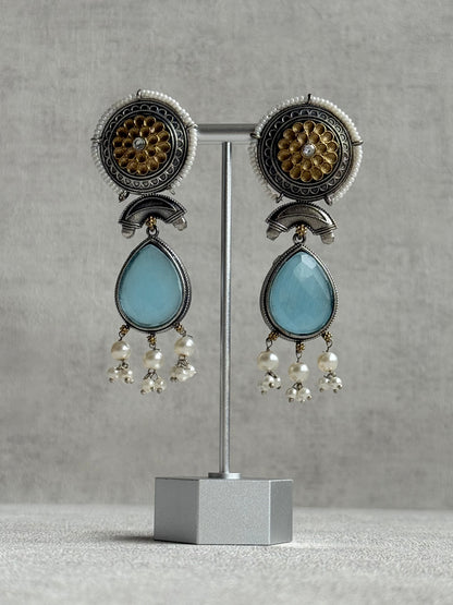 Ayura Designs Nazm Earrings – Dual Tone Oxidised Statement Earrings with Aqua Blue Stones & Pearl Clusters