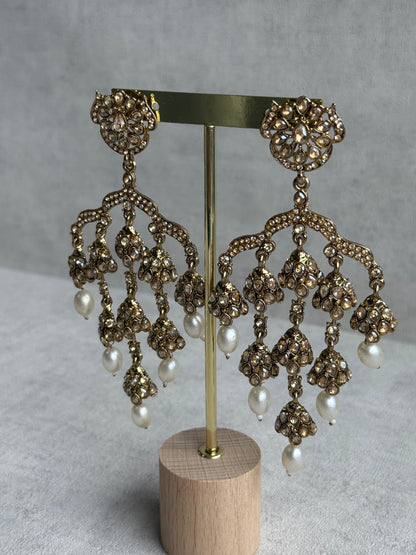 Ayura Designs Jasmine Earrings – Chandelier Earrings with Ivory Pearl Drops & Antique Gold Detailing
