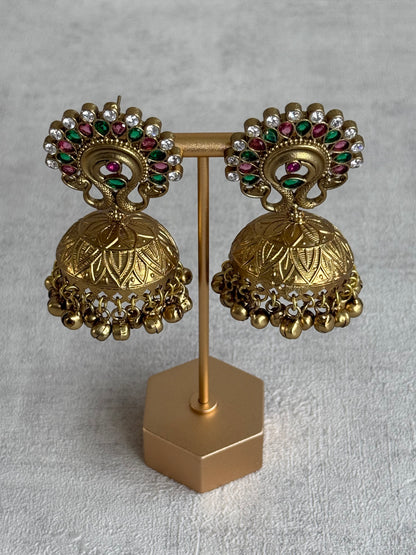 Ayura Designs Moraya Jhumkis – Pink & Green Peacock Motif with Antique Gold Detailing