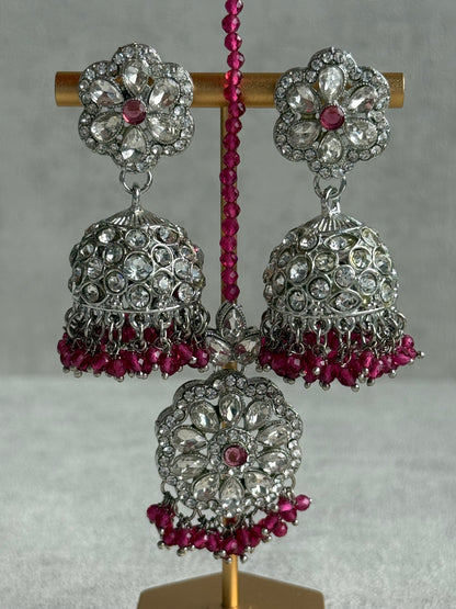 Ayura Designs Zarghuna Set with Jhumkis & Tikka – Fuchsia Beads, Mirror-Cut Stones & Silver Finish