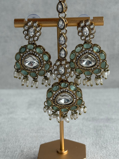 Ayura Designs Warda Set with Earrings & Tikka – Pistachio Green Ovals, Mirror-Cut Stones & Ivory Pearls