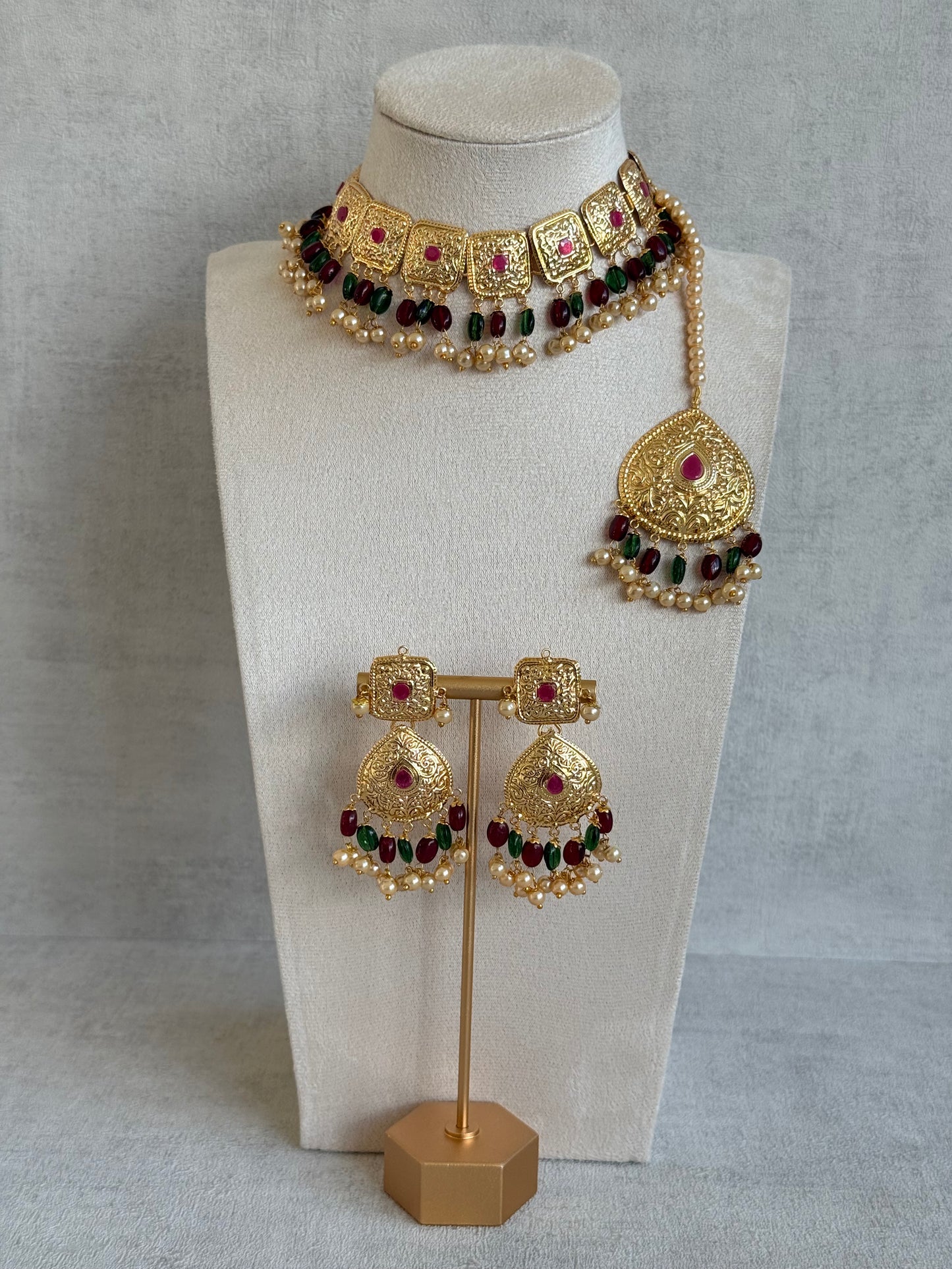 Ayura Designs Chetna Choker Set with Earrings & Tikka – Maroon & Emerald Green Beads, Cream Pearl Drops with Pipal Patti Detailing