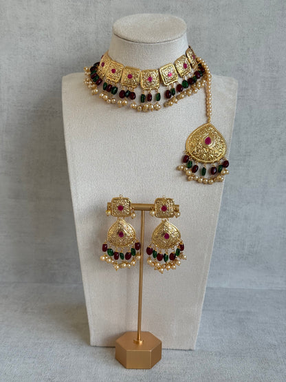 Ayura Designs Chetna Choker Set with Earrings & Tikka – Maroon & Emerald Green Beads, Cream Pearl Drops with Pipal Patti Detailing
