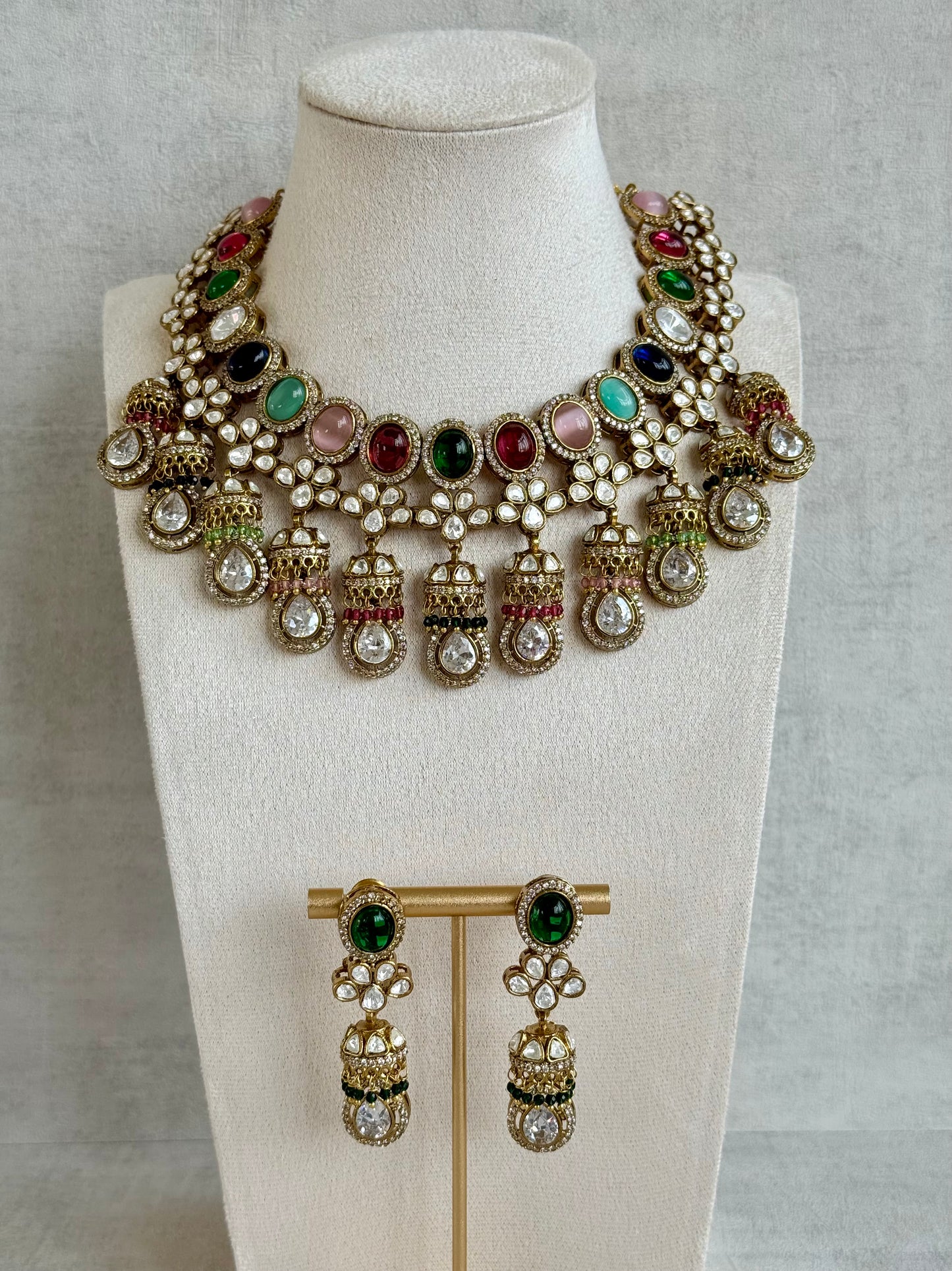 Ayura Designs Imara Set with Necklace & Jhumkis – Multicolour Stones with Kundan Detailing & Crystal Drop