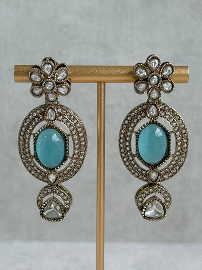 Ayura Designs Emanya Choker Set – Choker, Earrings & Tikka with Mirror-Cut Stones, Turquoise Blue & Antique Gold Detailing