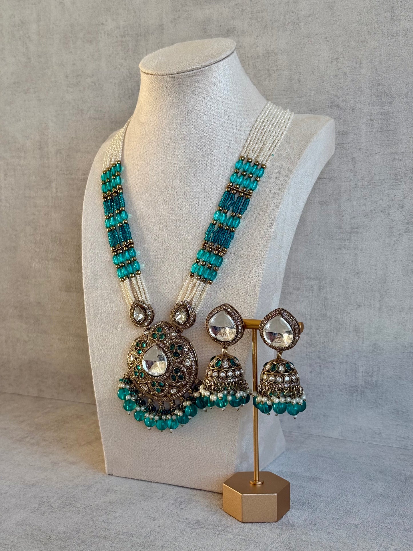 Ayura Designs Brielle Set – Necklace & Jhumkis with Mirror-Cut Stones, Aqua & Deep Teal Beads