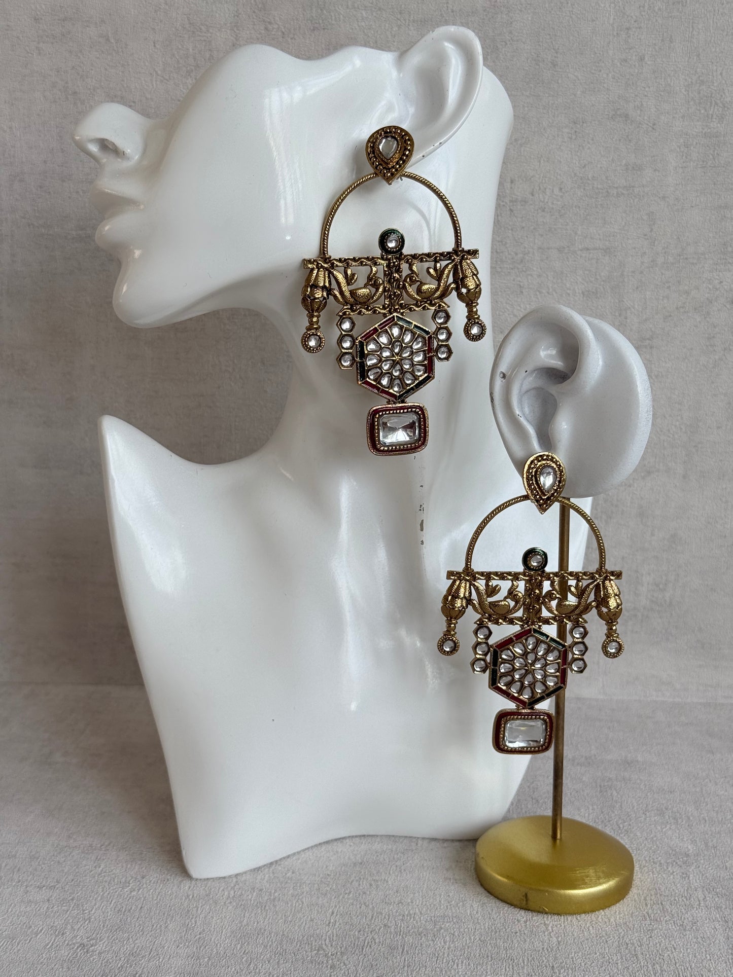 Ayura Designs Irene Earrings – Green & Pink Kundan, Meenakari & Crystal Peacock Chandeliers in Gold