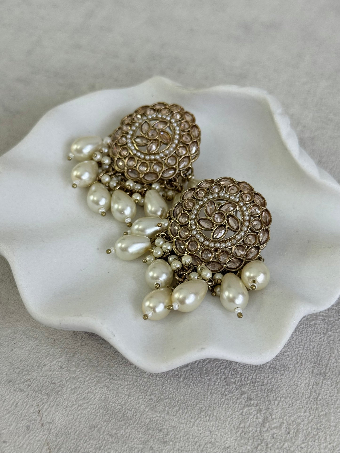 Ayura Designs Aynoor Petal Frame Earrings – Antique Gold Finish with Mirror-Cut Stones & Pearl Drops
