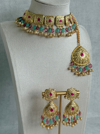 Ayura Designs Chetna Choker Set with Earrings & Tikka – Aqua & Rani Pink Beads, Cream Pearl Drops with Pipal Patti Detailing