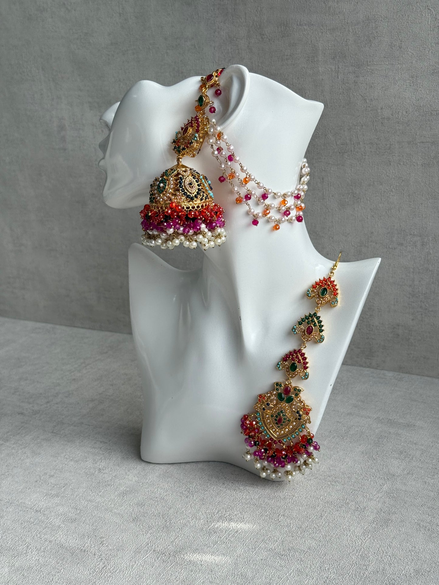 Ayura Designs Safia Tikka Set with Sahare Earrings – Multicolour (Orange, Pink & Ivory Beads)