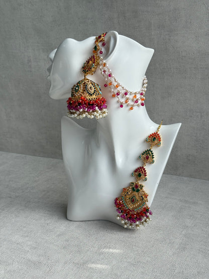 Ayura Designs Safia Tikka Set with Sahare Earrings – Multicolour (Orange, Pink & Ivory Beads)