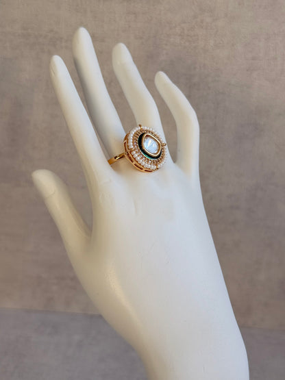 Ayura Designs Roselle Adjustable Ring – Moissanite Centre with Crystal Border & Ivory Pearls