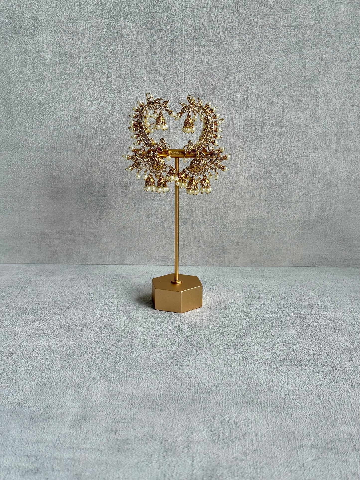 Ayura Designs Megha Half Ear Cuff Earrings – Gold Peacock Motif with Kundan Crystals, Pink Stone Accents & Pearl Jhumka Drops