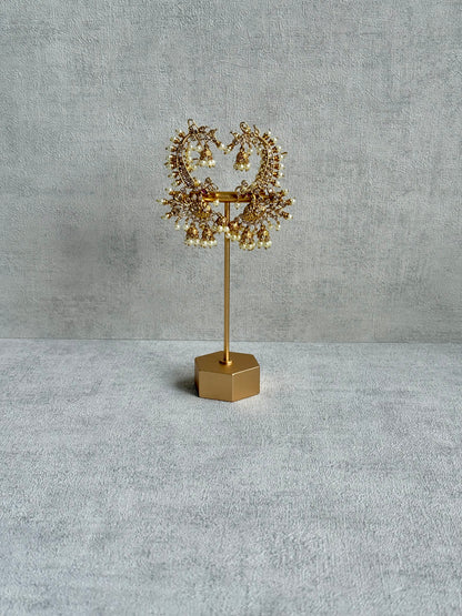 Ayura Designs Megha Half Ear Cuff Earrings – Gold Peacock Motif with Kundan Crystals, Pink Stone Accents & Pearl Jhumka Drops