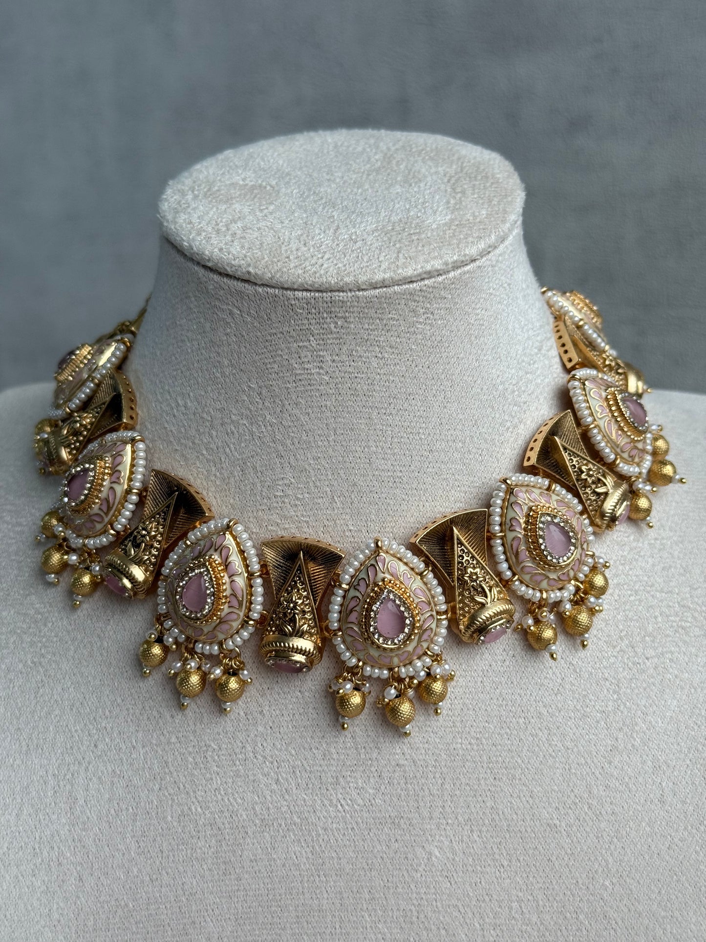 Ayura Designs Aaira Set with Necklace & Studs – Blush Pink Meenakari with Rose Pink Centre & Pearl Detailing