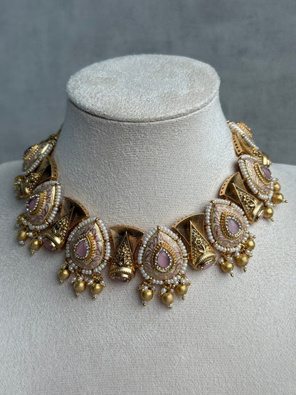 Ayura Designs Aaira Set with Necklace & Studs – Blush Pink Meenakari with Rose Pink Centre & Pearl Detailing