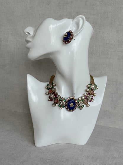 Ayura Designs Nova Necklace Set with Stud Earrings – Sapphire Blue Centre Stone, Kundan Detailing & Multicolour Gemstone Accents