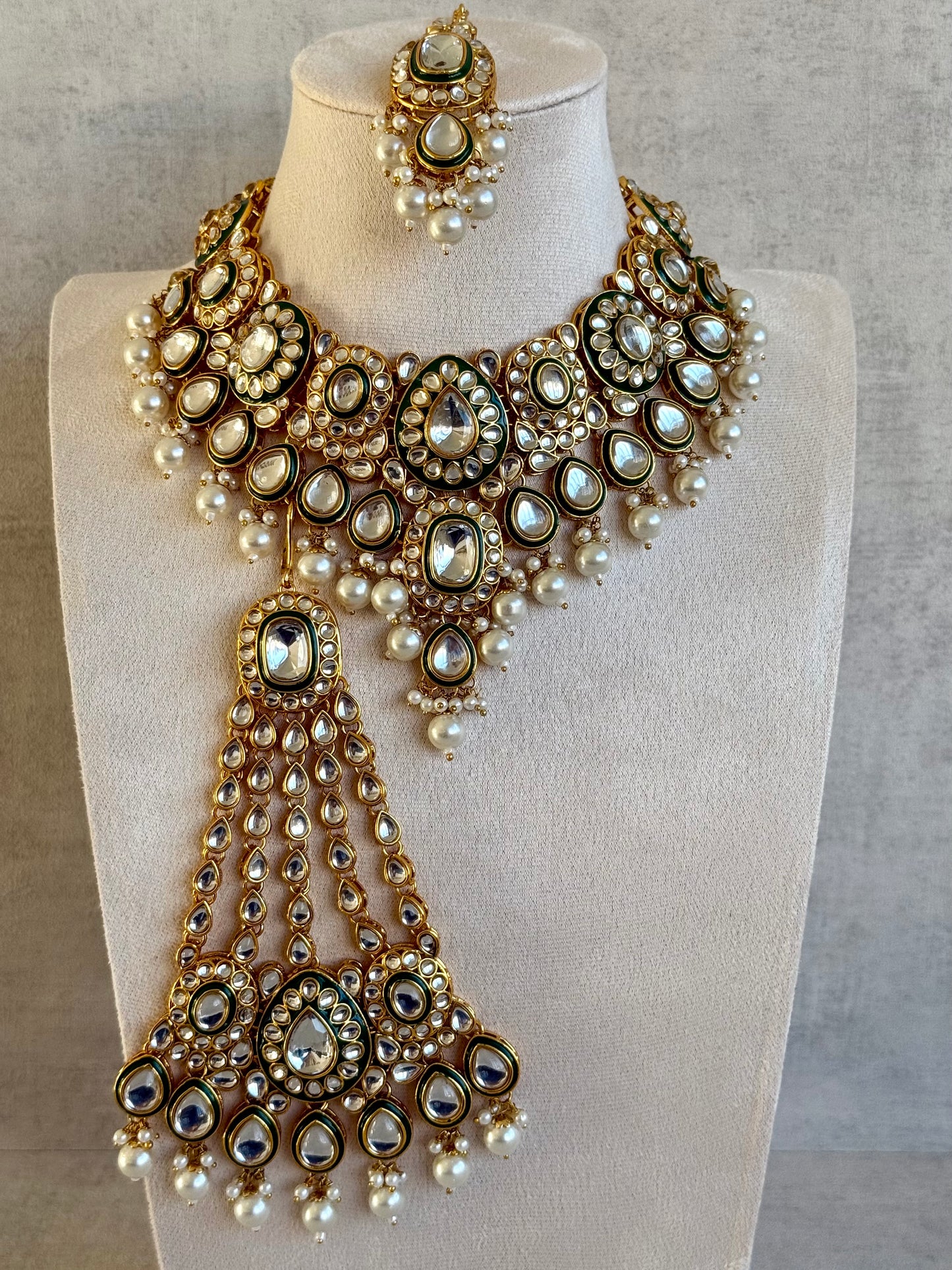 Ayura Designs Jashan Set with Necklace, Earrings, Tikka & Passa – Kundan Detailing, Ivory Pearl Drops