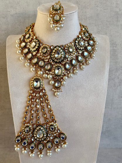 Ayura Designs Jashan Set with Necklace, Earrings, Tikka & Passa – Kundan Detailing, Ivory Pearl Drops