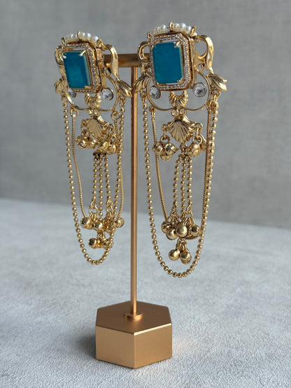 Ayura Designs Jaid Earrings – Aqua Blue Floral Motif with Layered Chains & Ghungroos