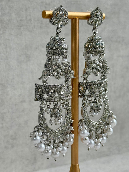 Ayura Designs Giselle Earrings – Silver Finish Chandbali Jhumkas with Mirror-Cut Stones & Pearl Drops