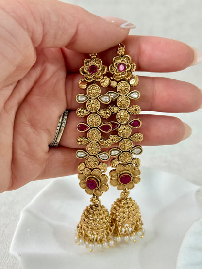 Ayura Designs Keerti Jhumkis – Antique Gold Kannauti Earrings with Ruby Pink Stones, Mirror-Cut Detailing & Pearl Drops