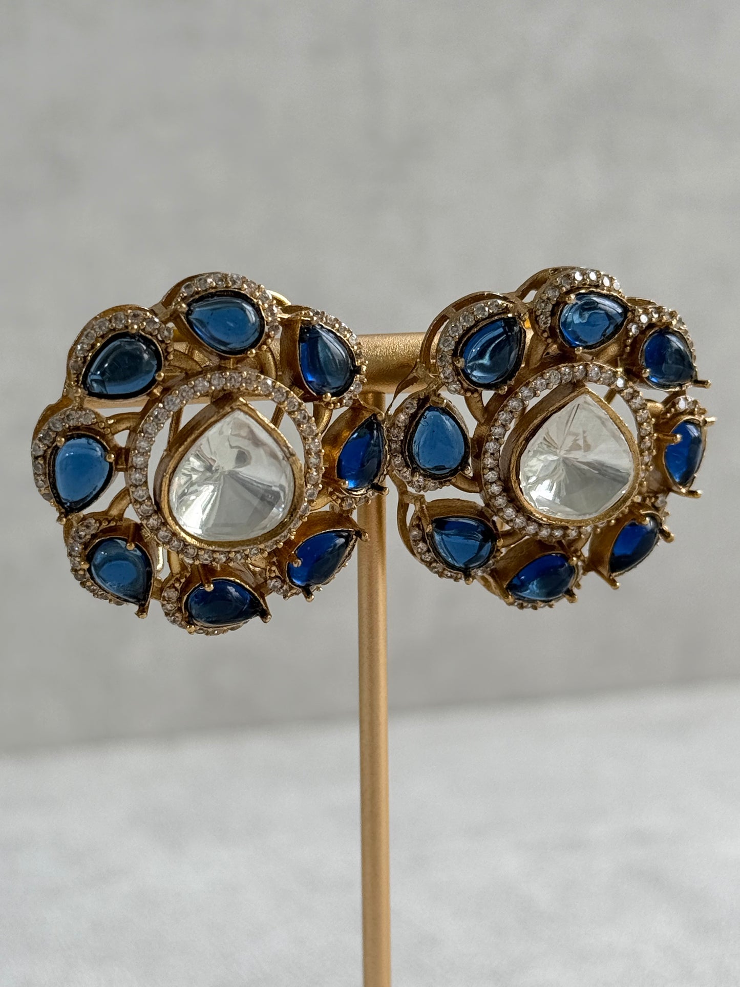 Ayura Designs Giana Stud Earrings – Sapphire Blue & Crystal Kundan with Gold Finish