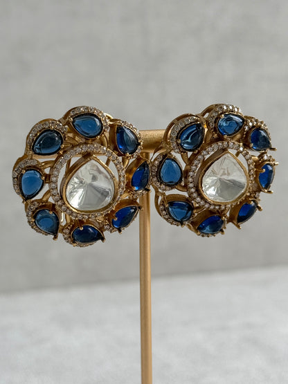 Ayura Designs Giana Stud Earrings – Sapphire Blue & Crystal Kundan with Gold Finish