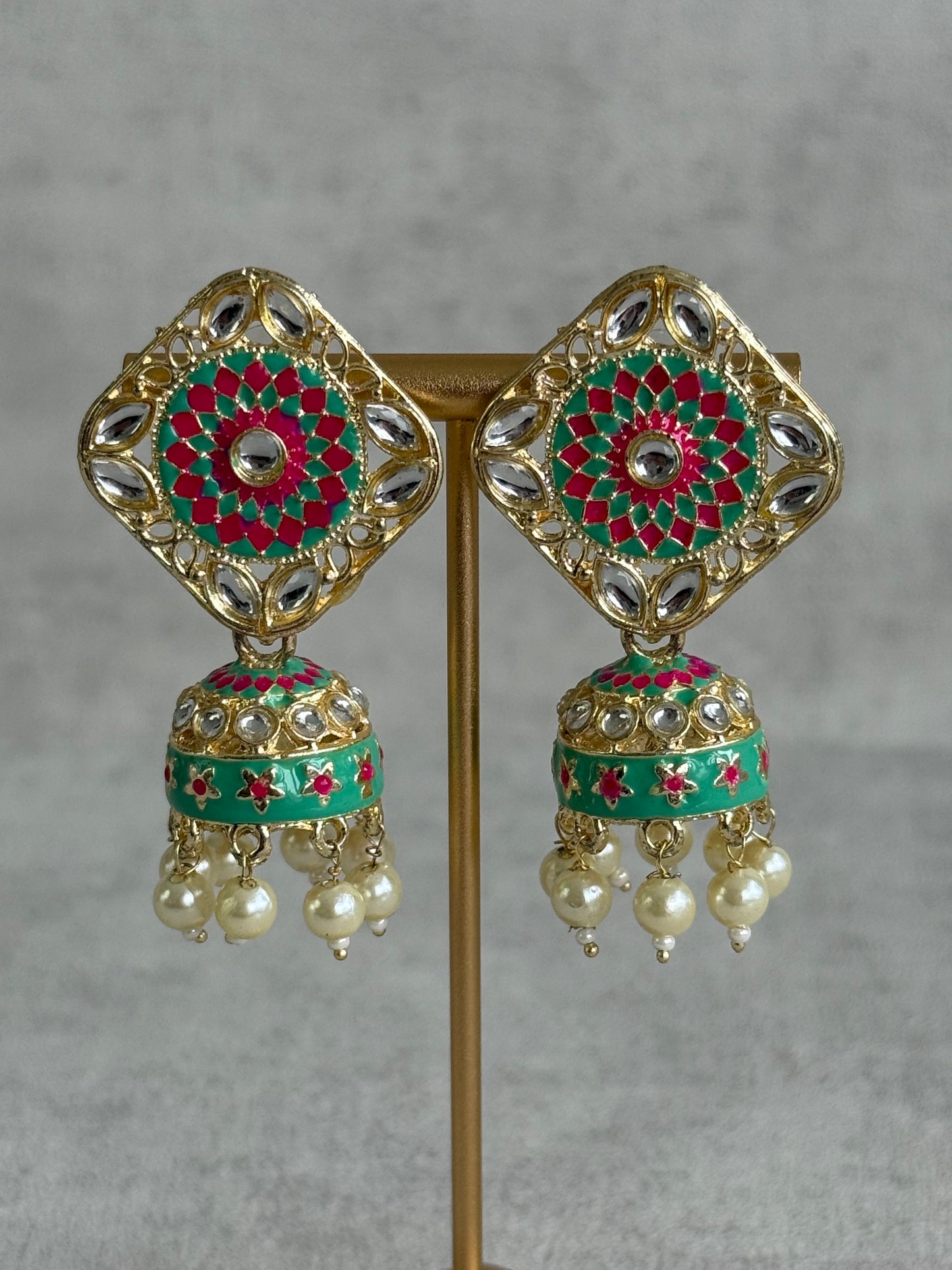 Ayura Designs Rangoli Jhumkis – Mint Green & Hot Pink Meenakari with Pearl Drops in Antique Gold Finish
