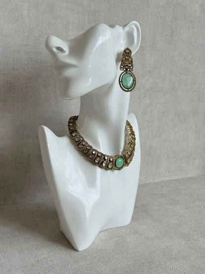 Ayura Designs Sadie Necklace Set with Earrings – Mint Green Centre Stone, Moissanite Style Stones & Crystal Halo Detailing