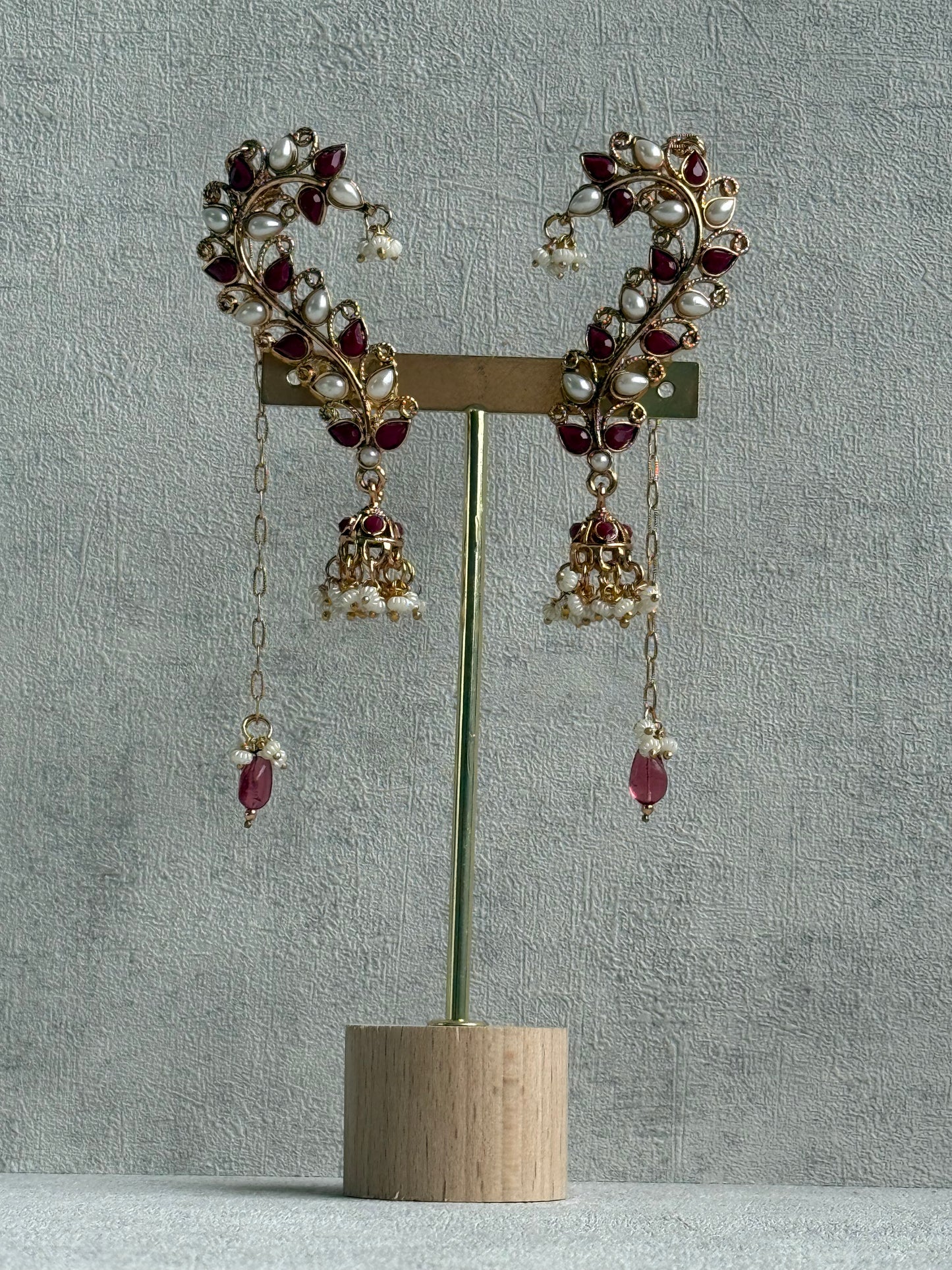 Ayura Designs Mastani Earrings – Gold Ear Climbers with Ruby Stones, Pearls & Jhumki Drops