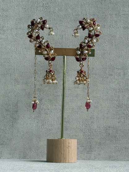 Ayura Designs Mastani Earrings – Gold Ear Climbers with Ruby Stones, Pearls & Jhumki Drops