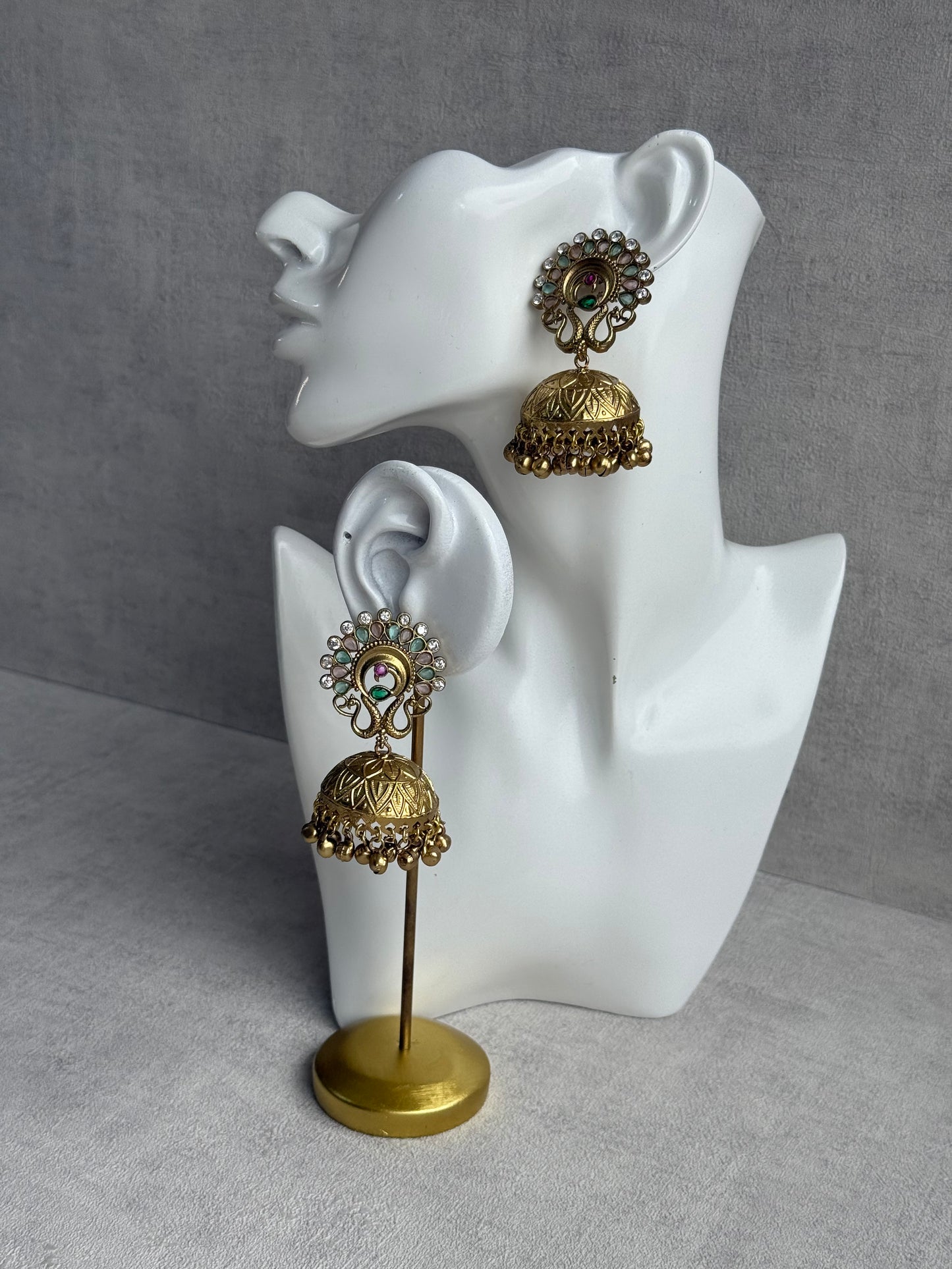 Ayura Designs Moraya Jhumkis – Mint Green & Blush Pink Peacock Motif with Antique Gold Detailing