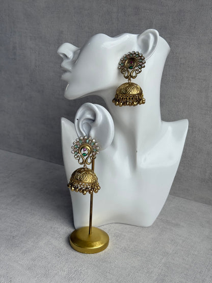 Ayura Designs Moraya Jhumkis – Mint Green & Blush Pink Peacock Motif with Antique Gold Detailing