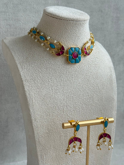Ayura Designs Mahi Choker Set with Earrings – Meenakari Kundan Turquoise Blue & Hot Pink Detailing