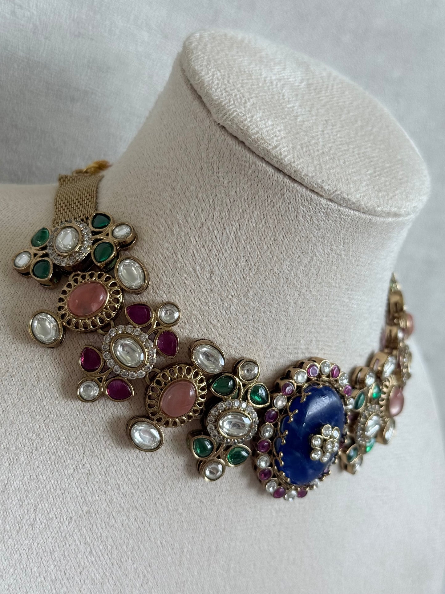 Ayura Designs Nova Necklace Set with Stud Earrings – Sapphire Blue Centre Stone, Kundan Detailing & Multicolour Gemstone Accents