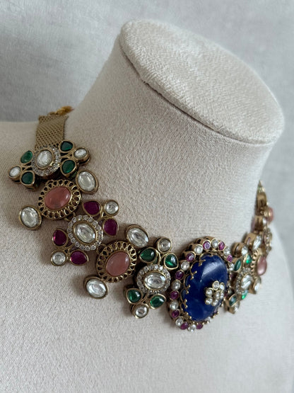 Ayura Designs Nova Necklace Set with Stud Earrings – Sapphire Blue Centre Stone, Kundan Detailing & Multicolour Gemstone Accents