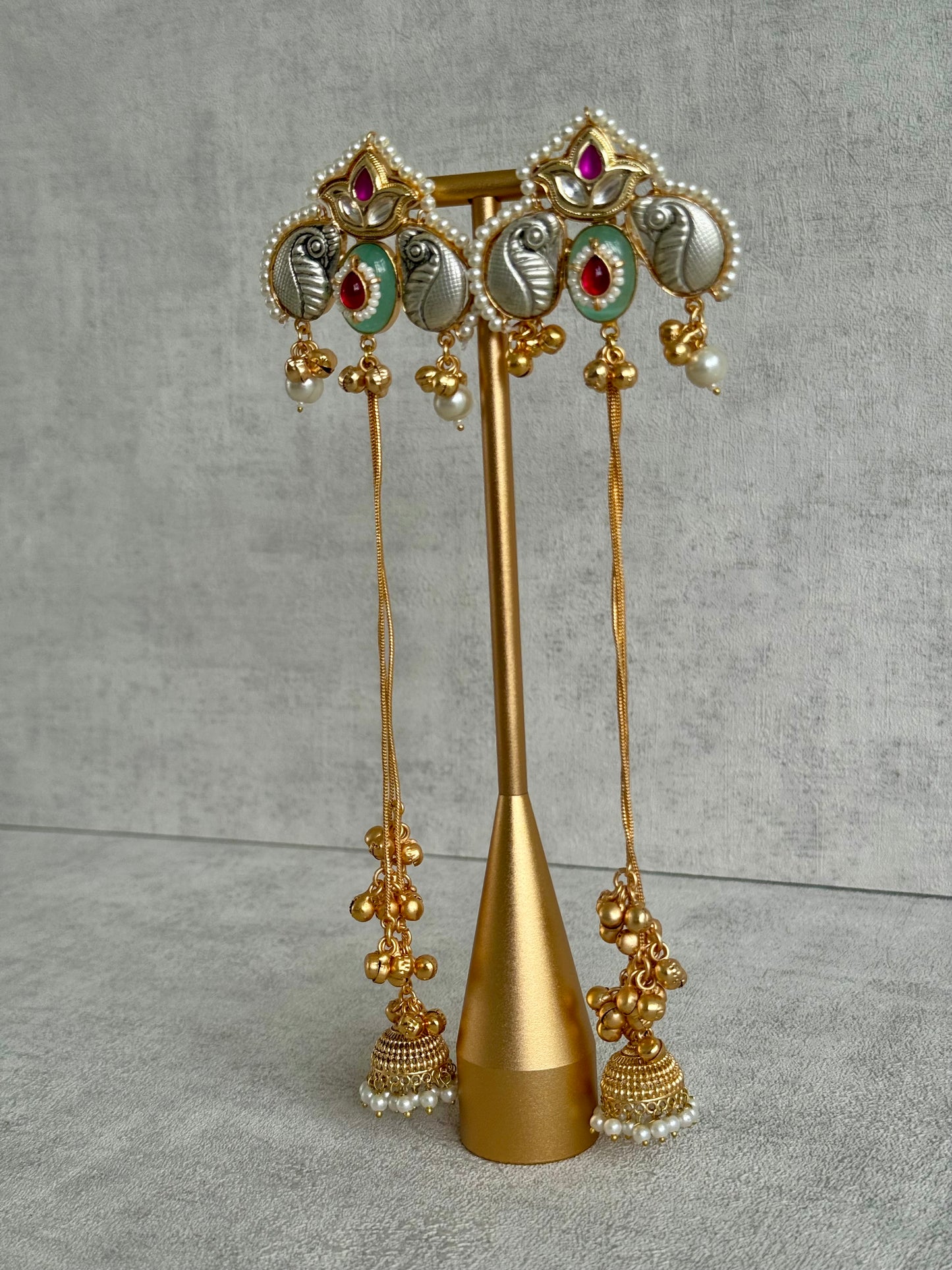 Ayura Designs Sozni Kashmiri Earrings – Kashmiri-Inspired Meenakari with Pistachio Green & Ruby Detailing