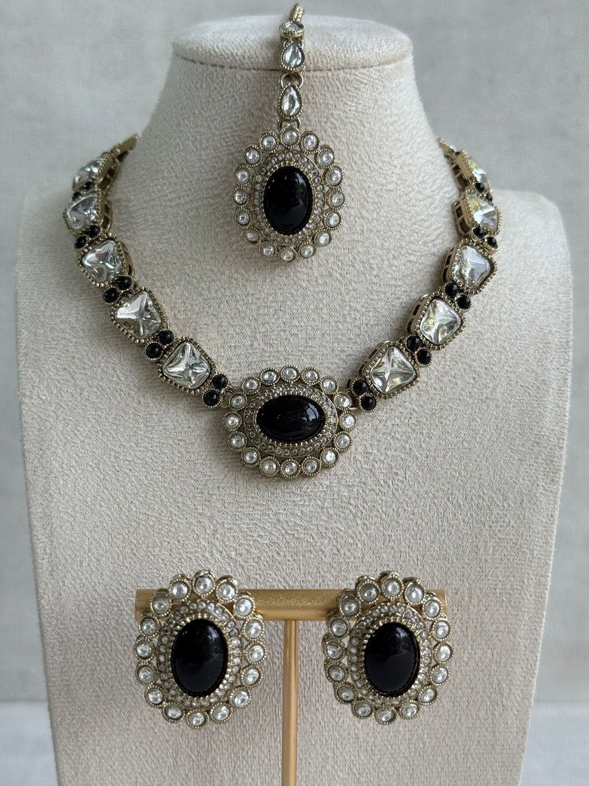Ayura Designs Inza Necklace Set – Black Stones, Kundan & Crystals with Antique Gold Finish