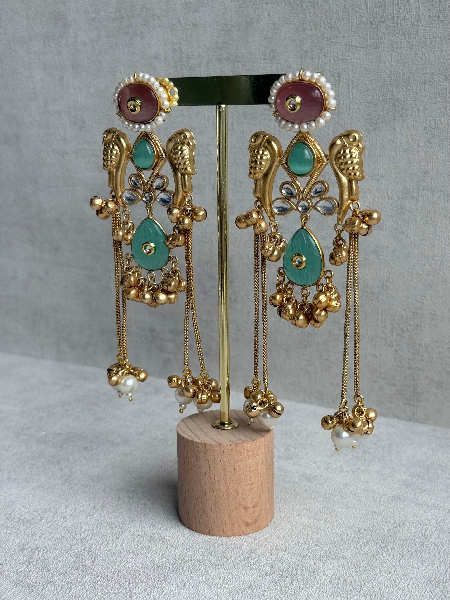 Ayura Designs Mehrun Earrings – Kashmiri Earrings with Mint Green Stones, Blush Pink Detailing & Pearl Drop Chains