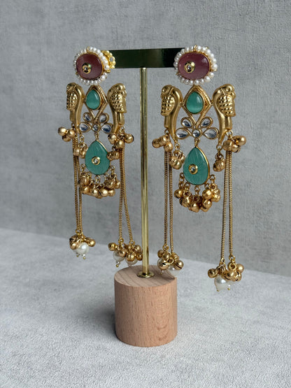Ayura Designs Mehrun Earrings – Kashmiri Earrings with Mint Green Stones, Blush Pink Detailing & Pearl Drop Chains